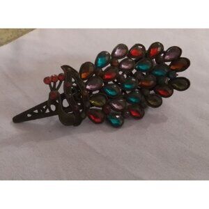 Vintage Peacock Jeweled Hair Clip Barrette Multicolor Stones & Antique Finish
